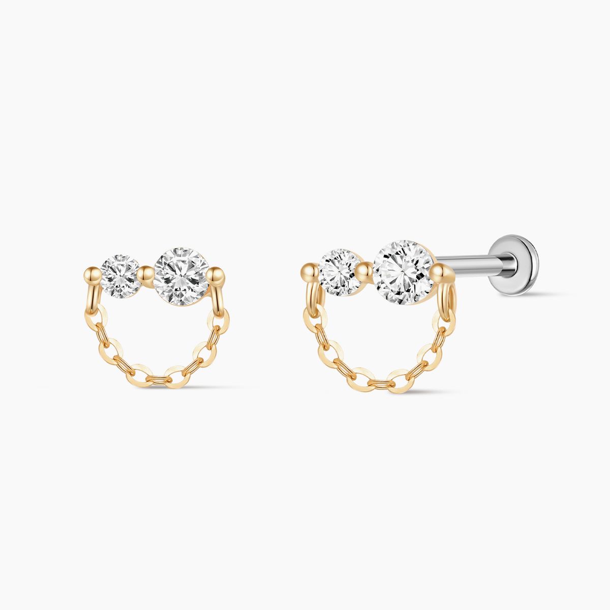 14K Yellow Gold Dual Stone Chain Flat-Back Stud
