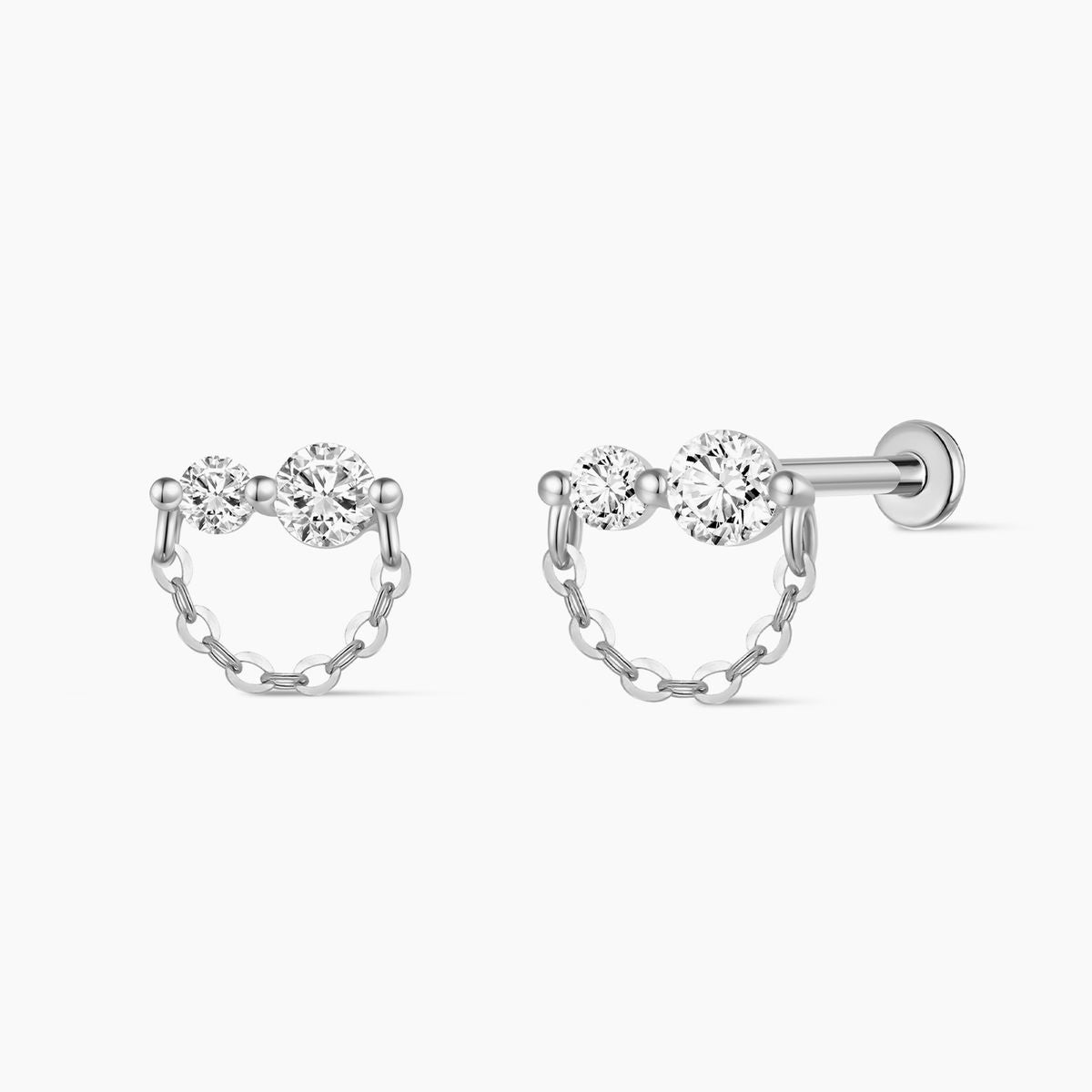 14K White Gold Dual Stone Chain Flat-Back Stud
