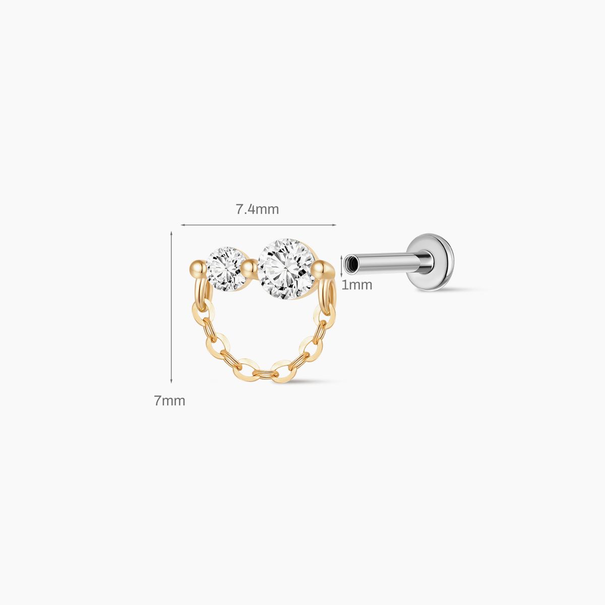 14K Yellow Gold Dual Stone Chain Flat-Back Stud