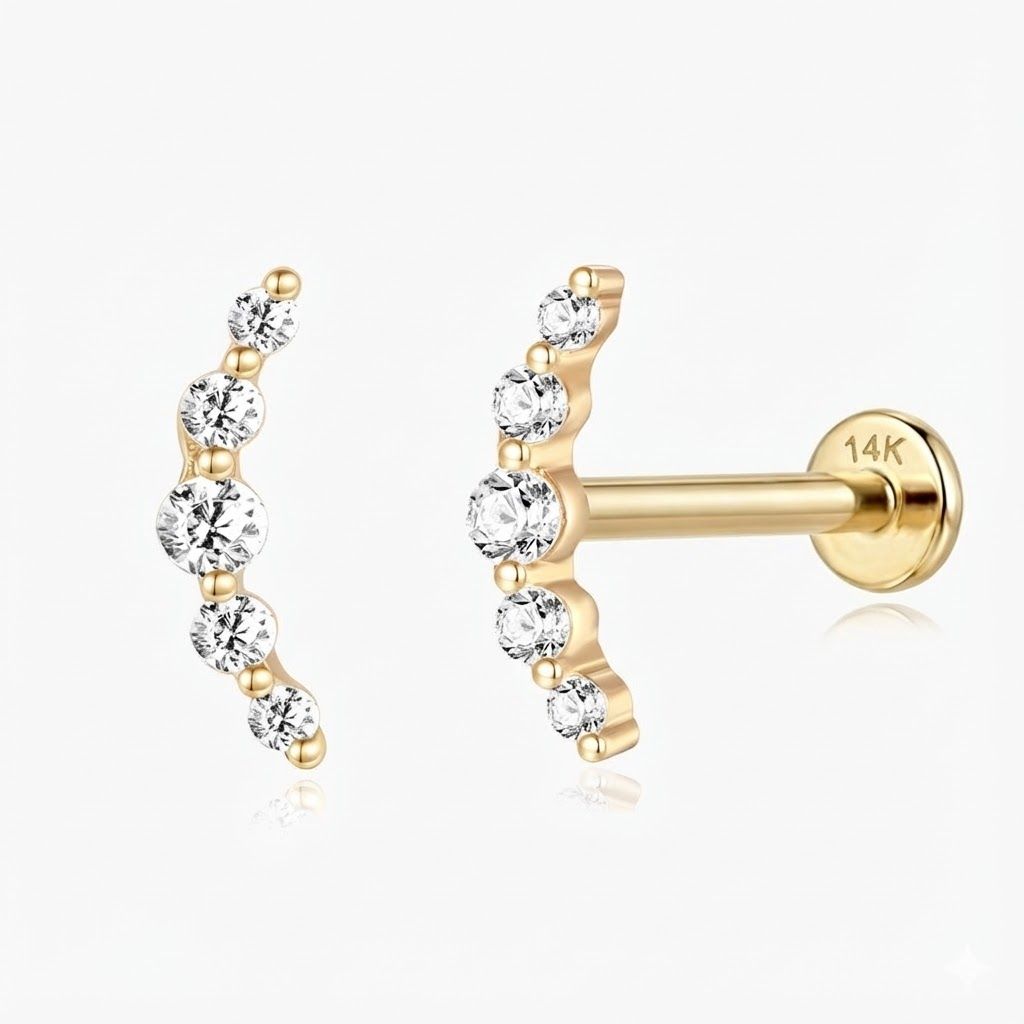 14K Solid Yellow Gold Crescent Arc Stud Flatback & Solid Gold Post