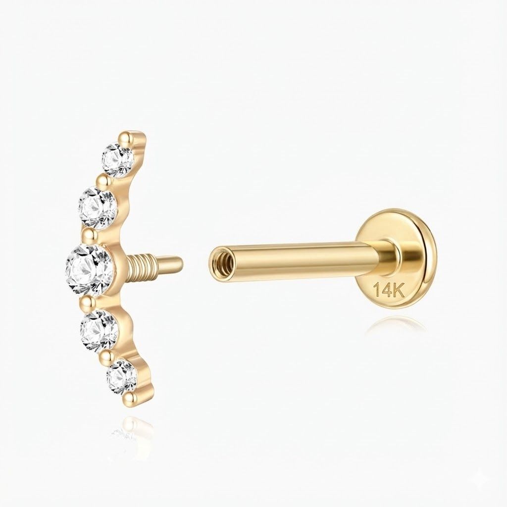 14K Solid Yellow Gold Crescent Arc Stud Flatback & Solid Gold Post