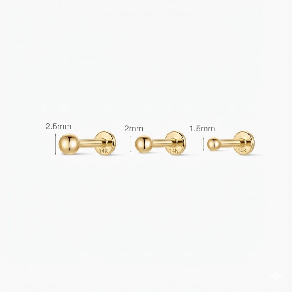 14K Solid Yellow Gold Minimalist Ball Flat Back Stud & Solid Gold Post