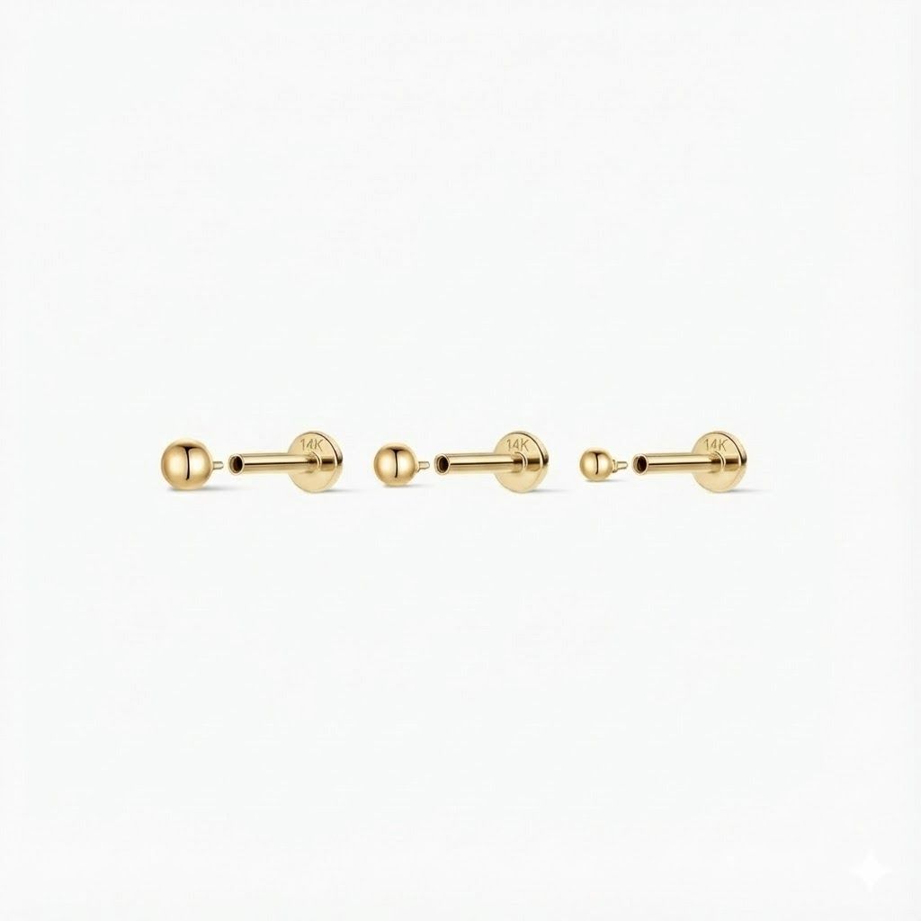 14K Solid Yellow Gold Minimalist Ball Flat Back Stud & Solid Gold Post