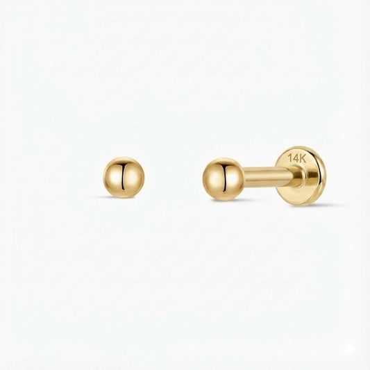 14K Solid Yellow Gold Minimalist Ball Flat Back Stud & Solid Gold Post