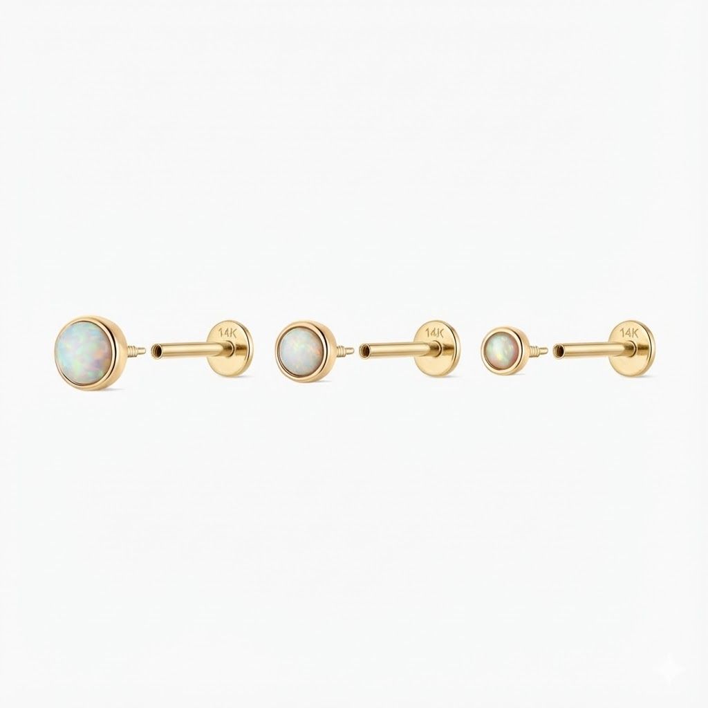 14K Solid Yellow Gold Minimal Opal Flat Back Stud & Solid Gold Post