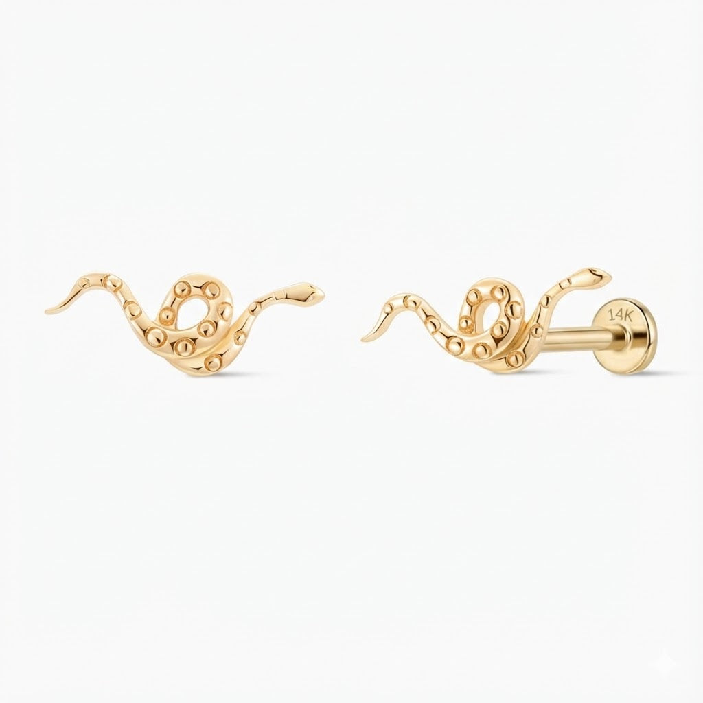 14K Yellow Gold Serpent Flat-Back Stud & Solid Gold Post