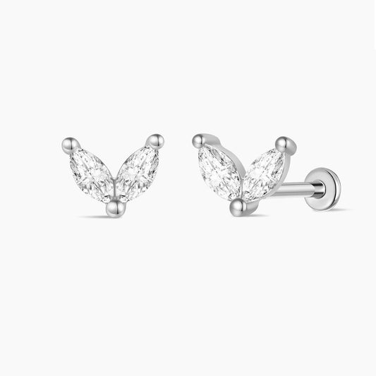 14K Solid White Gold Marquise Duo Flat Back Stud Piercing