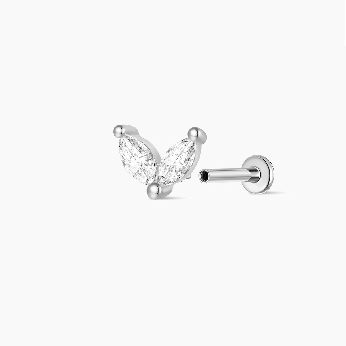 14K Solid White Gold Marquise Duo Flat Back Stud Piercing
