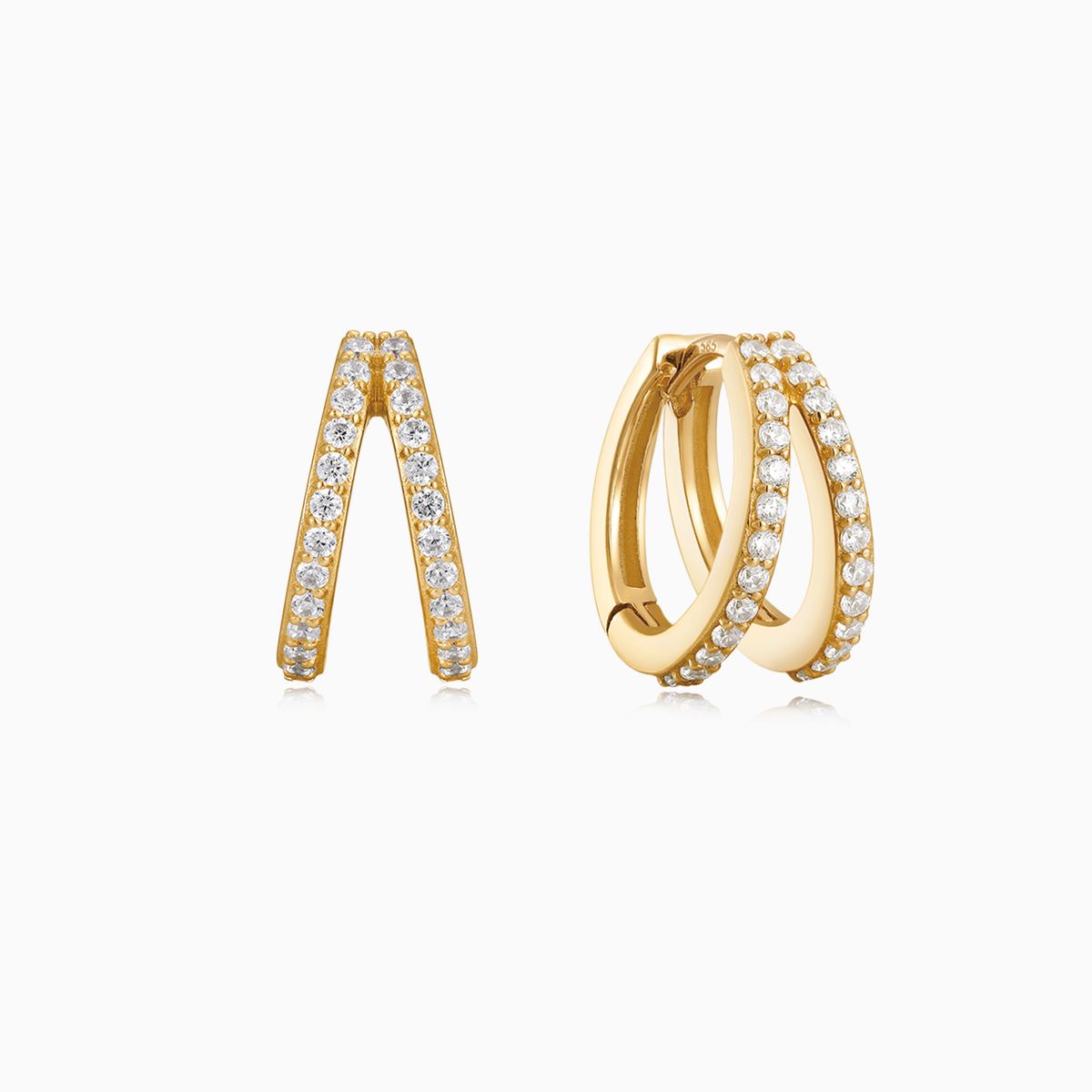 Pendientes de aro doble pavé de 8 mm en oro amarillo macizo de 14 quilates