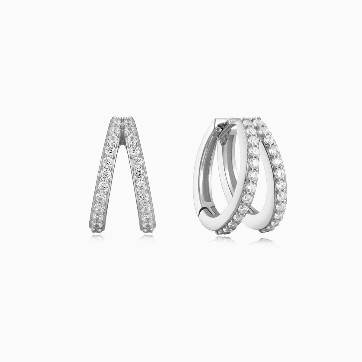 Pendientes de aro doble pavé de oro blanco macizo de 14 quilates y 8 mm