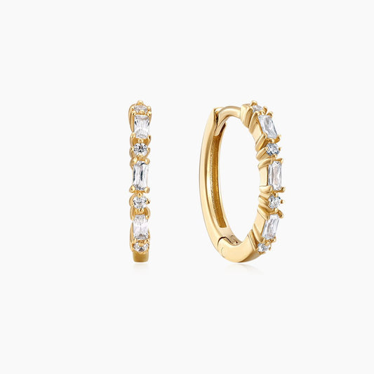 14K Solid Yellow Gold 9mm Baguette & Round Stone Clicker Hoop