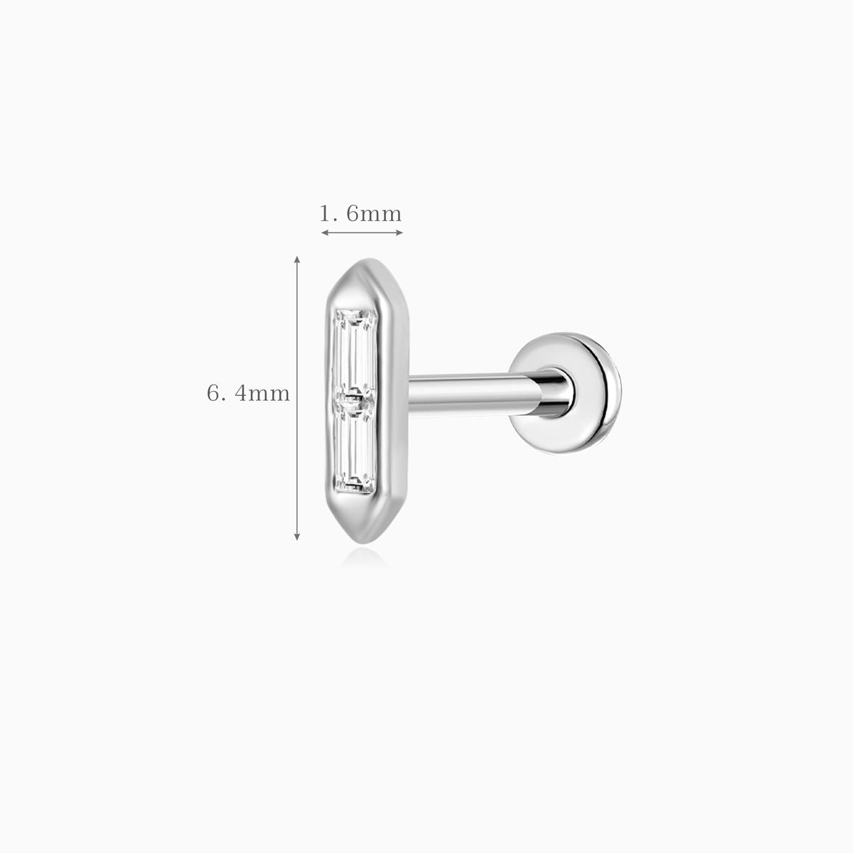 14K Solid White Gold Baguette Bar Flat Back Stud & Titanium Post