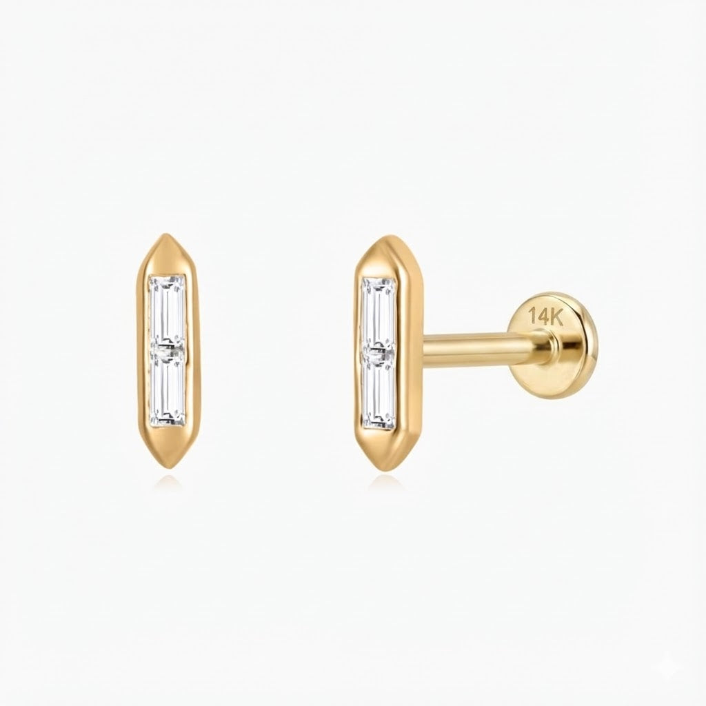 14K Solid Yellow Gold Baguette Bar Flat Back Stud & Solid Gold Post