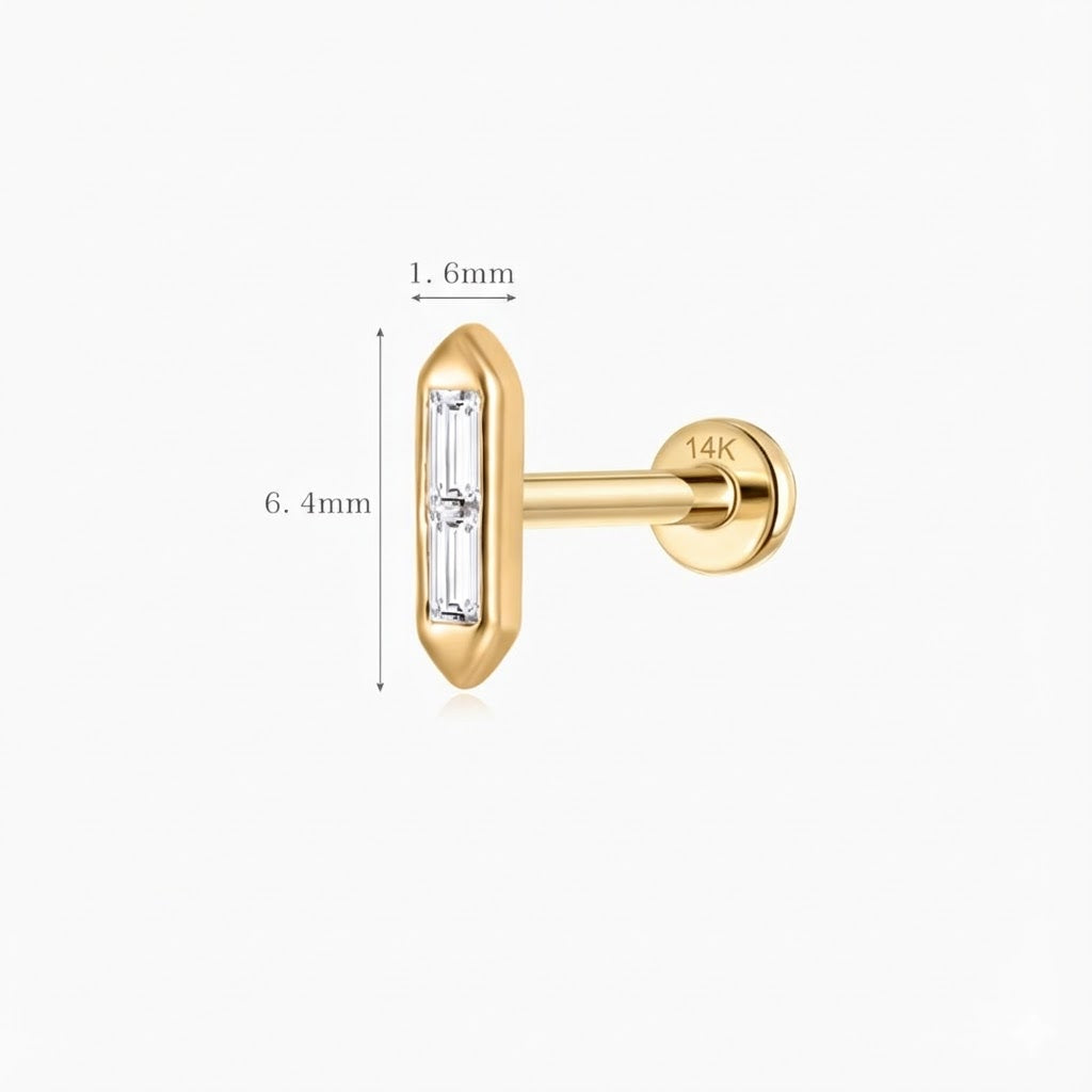 14K Solid Yellow Gold Baguette Bar Flat Back Stud & Solid Gold Post
