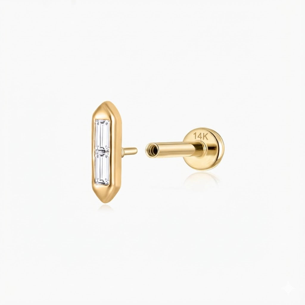 14K Solid Yellow Gold Baguette Bar Flat Back Stud & Solid Gold Post