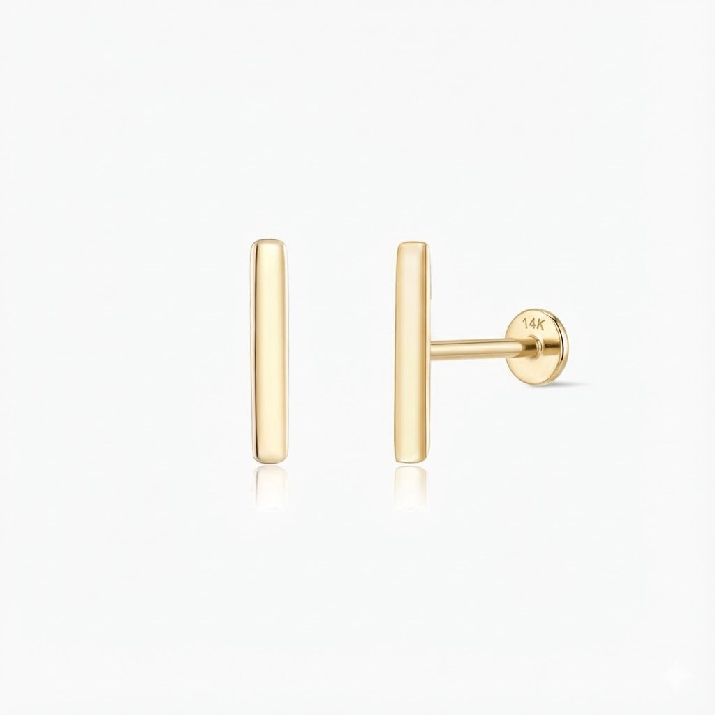 14K Solid Yellow Gold Bar Flat Back Stud & Solid Gold Post