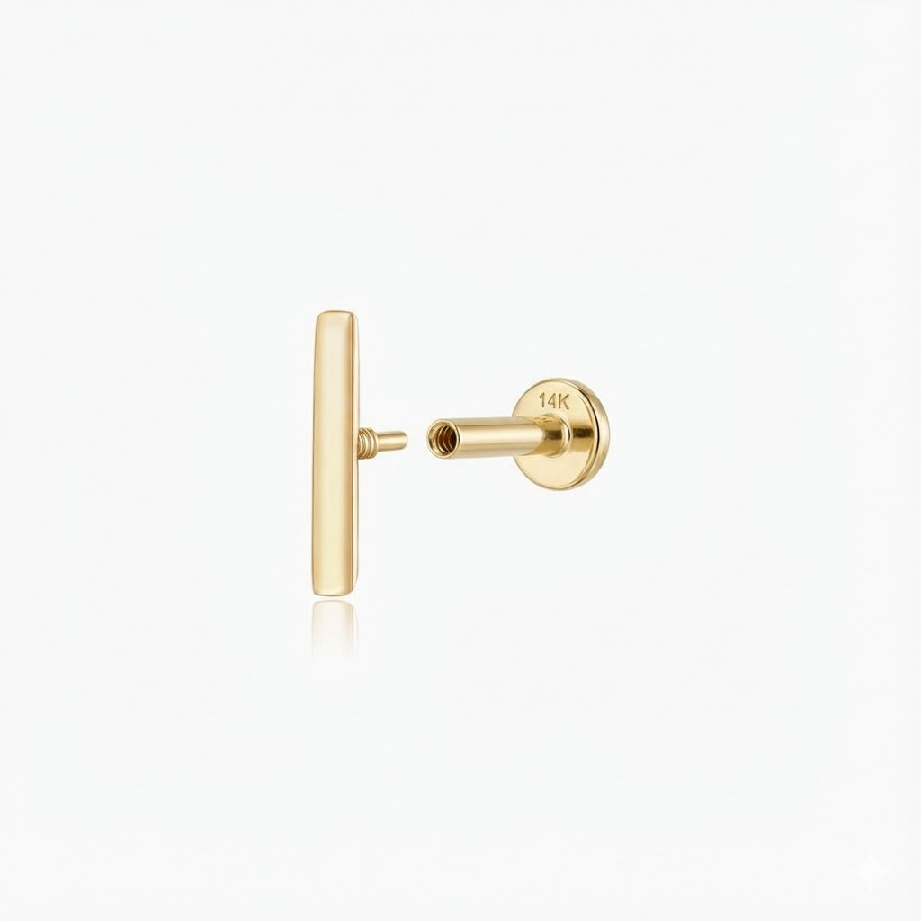 14K Solid Yellow Gold Bar Flat Back Stud & Solid Gold Post