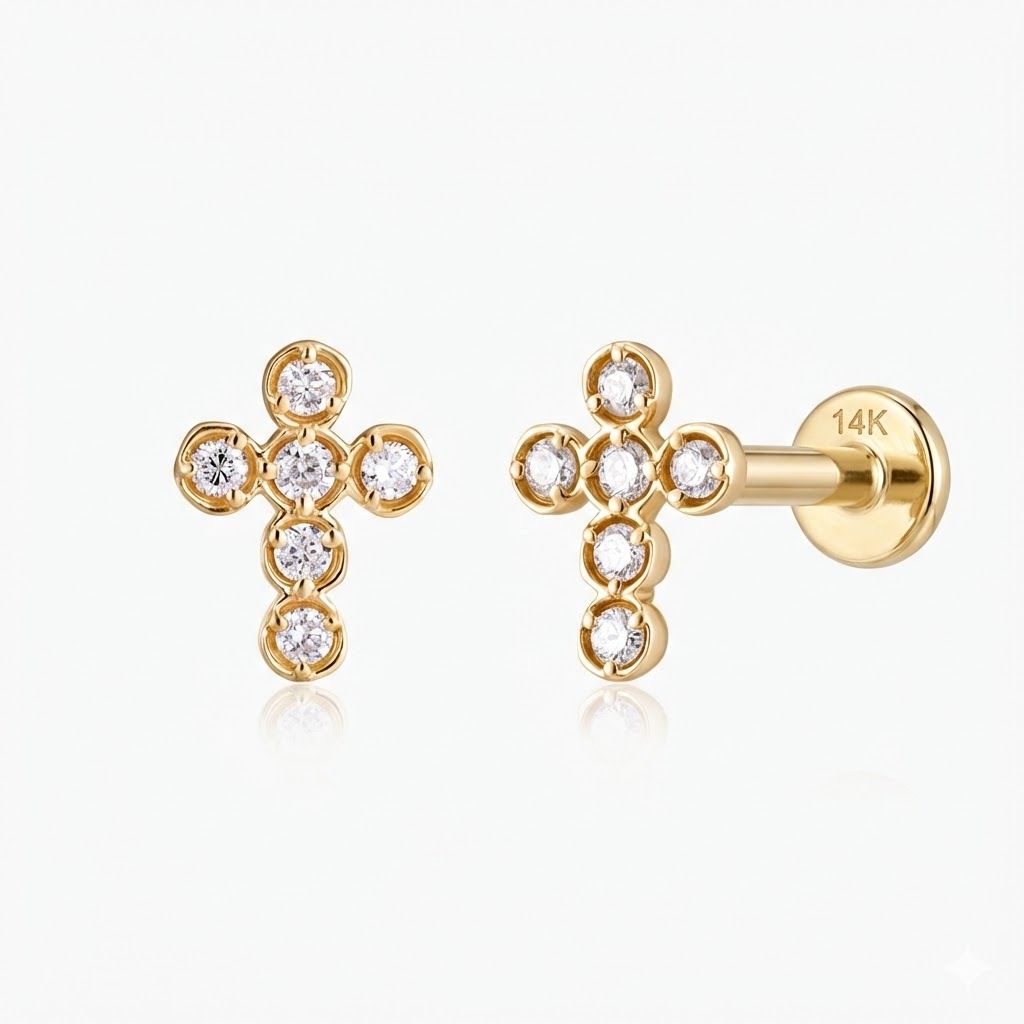 14K Solid Yellow Gold Cross Flat Back Cartilage & Solid Gold Post