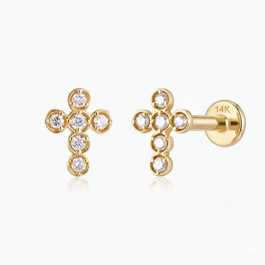 14K Solid Yellow Gold Cross Flat Back Cartilage & Solid Gold Post