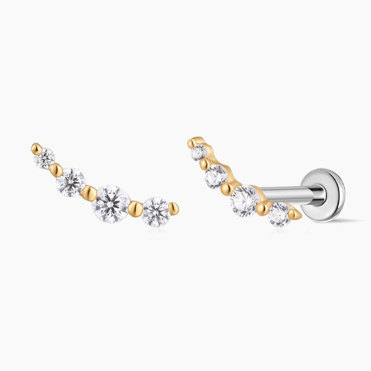14K Solid Yellow Gold Curved Multi-Stone Flat Back Stud
