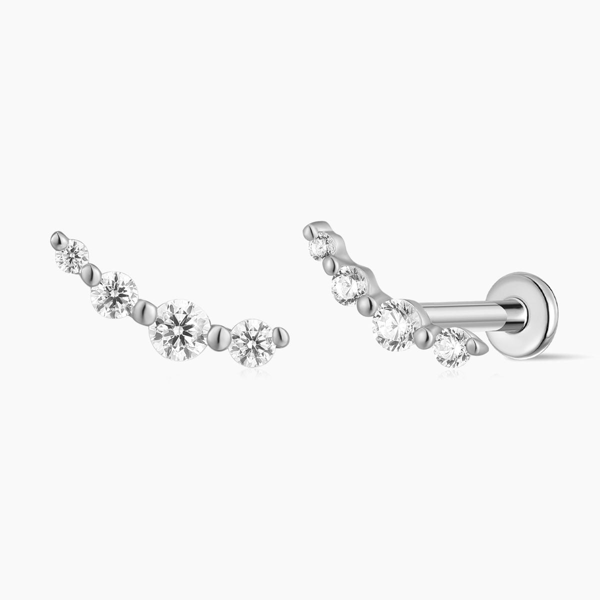 14K Solid White Gold Curved Multi-Stone Flat Back Stud
