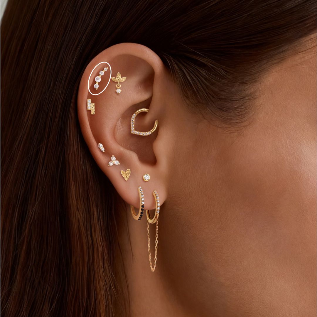 14K Solid Yellow Gold Curved Multi-Stone Flat Back Stud