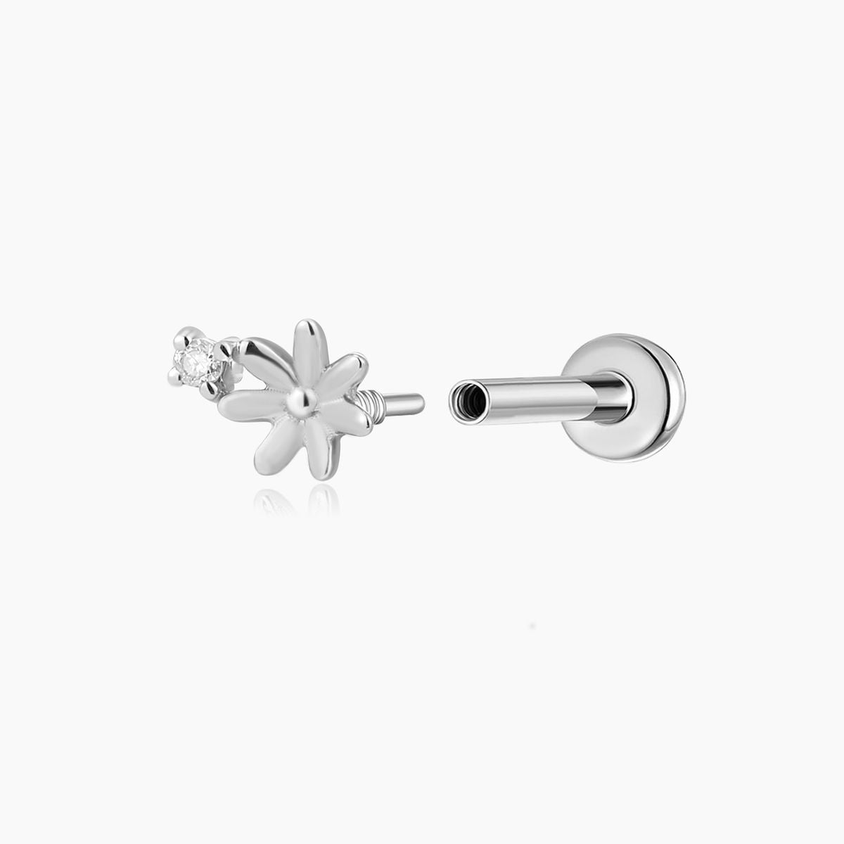 14K Solid White Gold Daisy Flower Flat Back Stud