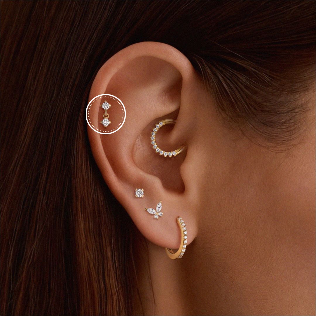 14K Yellow Gold Double Round Drop Flat-Back Stud