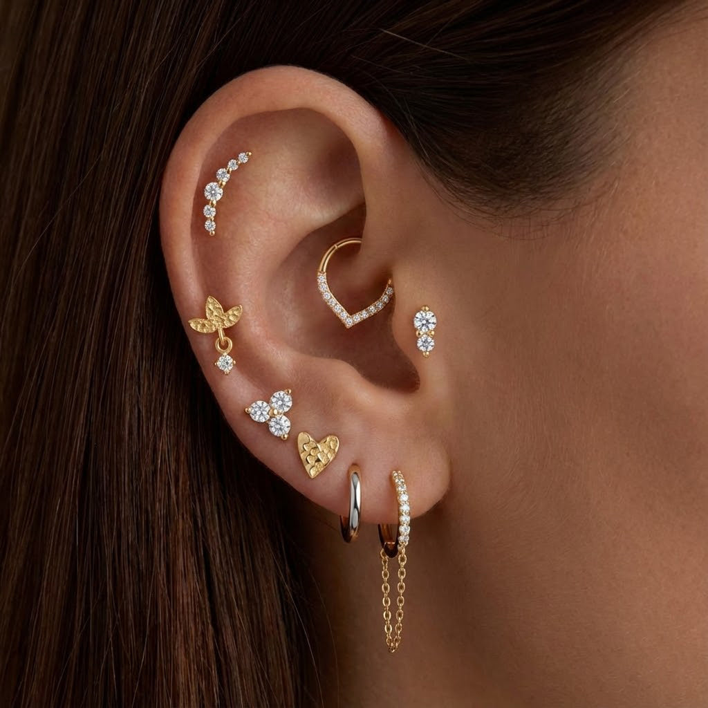 14K Solid Yellow Gold Vertical Double Gem Flat Back Stud