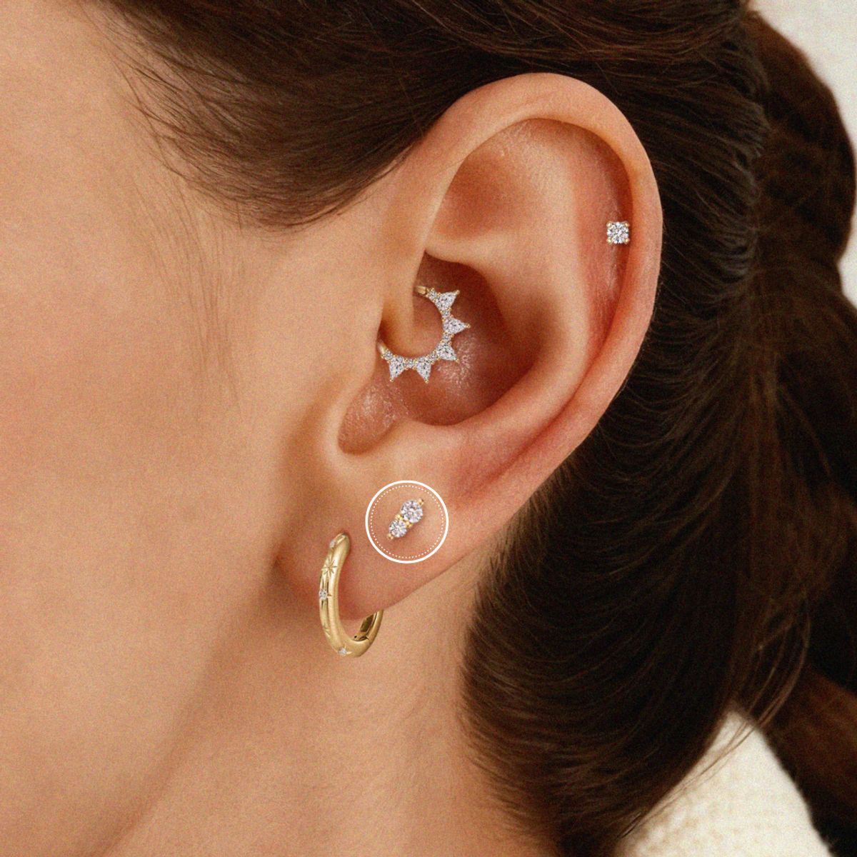 14K Solid Yellow Gold Vertical Double Gem Flat Back Stud