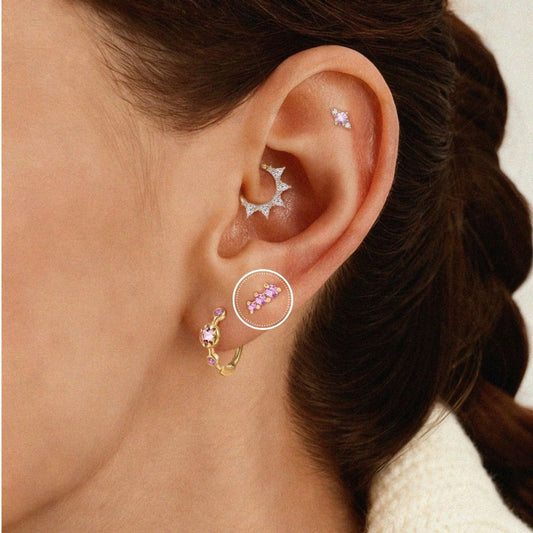 14K Solid Yellow Gold Pink Round Ruby Vertical Bar Flat Back