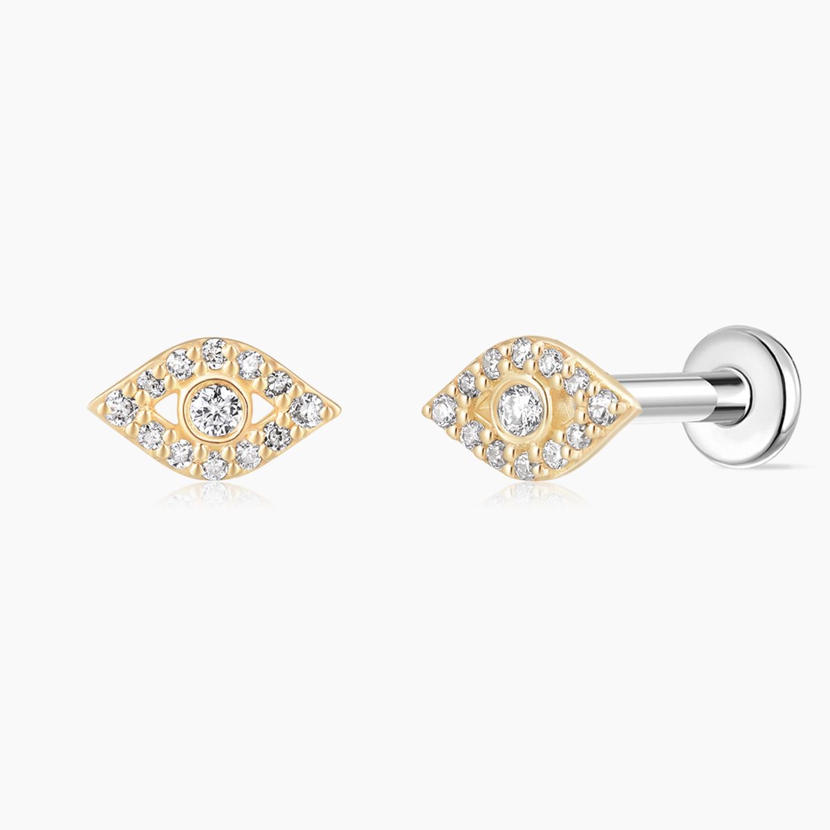 14K Solid Yellow Gold Evil Eye Pavé Flat-Back Piercing Stud