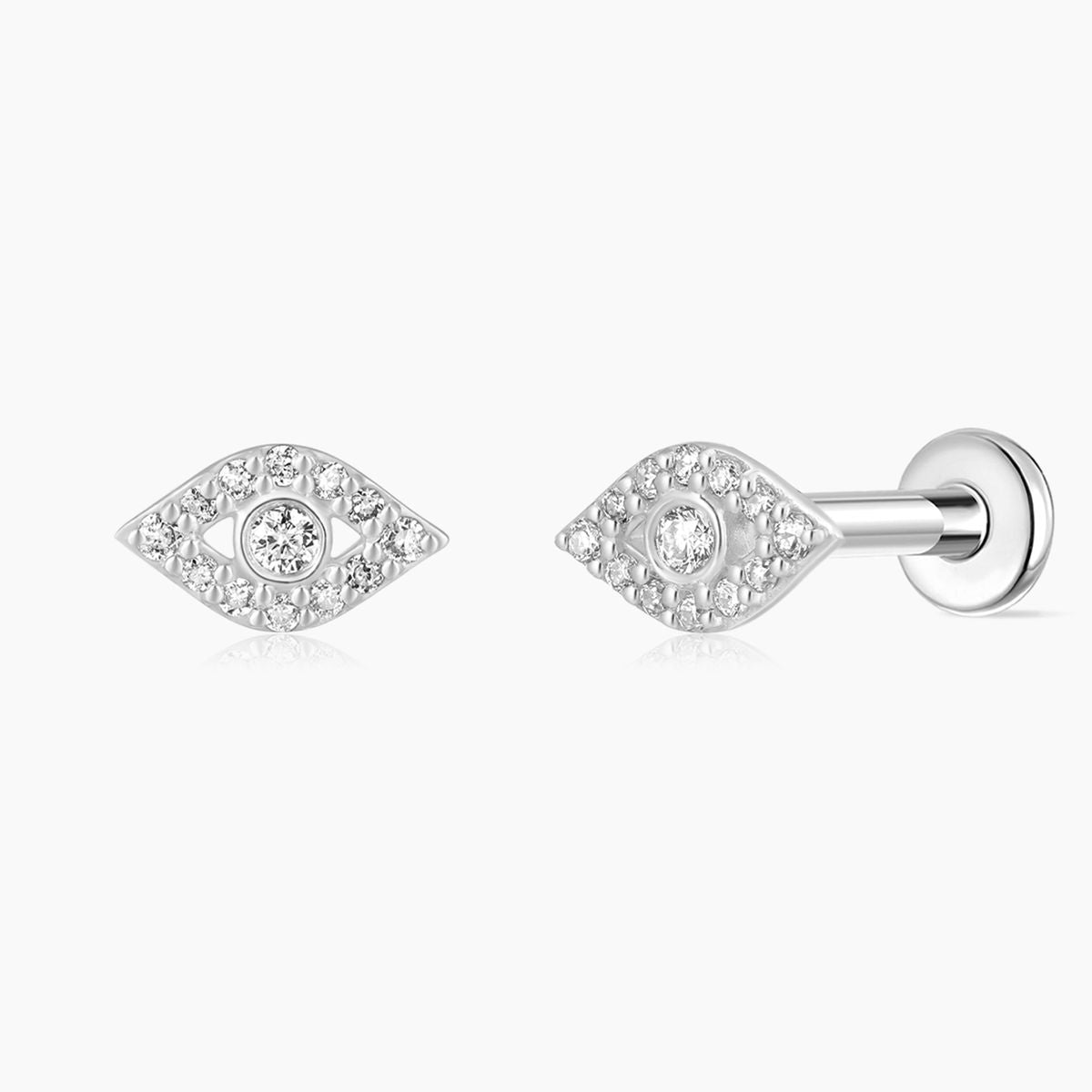 14K Solid White Gold Evil Eye Pavé Flat-Back Piercing Stud