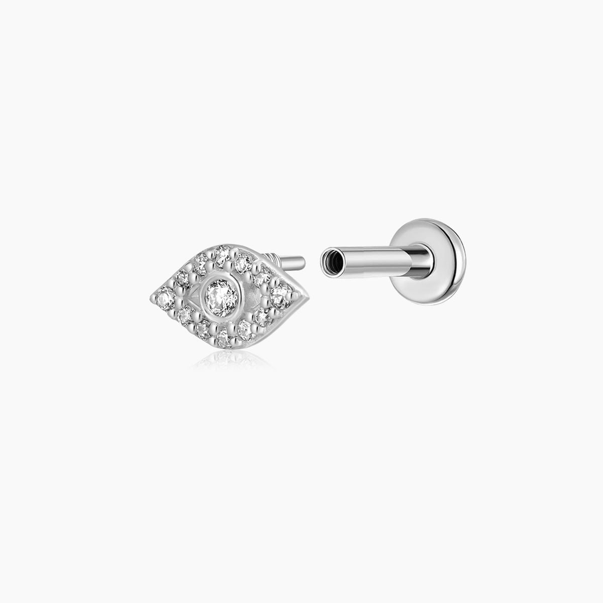 14K Solid White Gold Evil Eye Pavé Flat-Back Piercing Stud