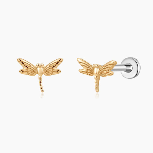 14K Solid Yellow Gold Dragonfly Flat Back Stud & Titanium Post