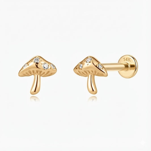 14K Solid Yellow Gold Mushroom Flat Back Stud & Solid Gold Post