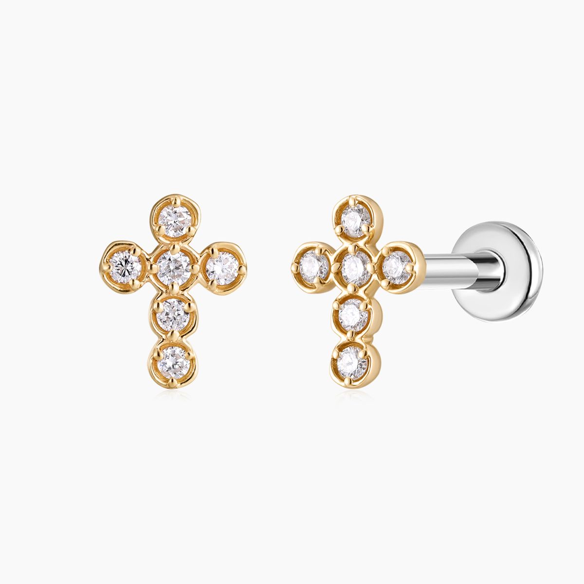 14K Solid Yellow Gold Cross Flat Back Cartilage & Titanium Post