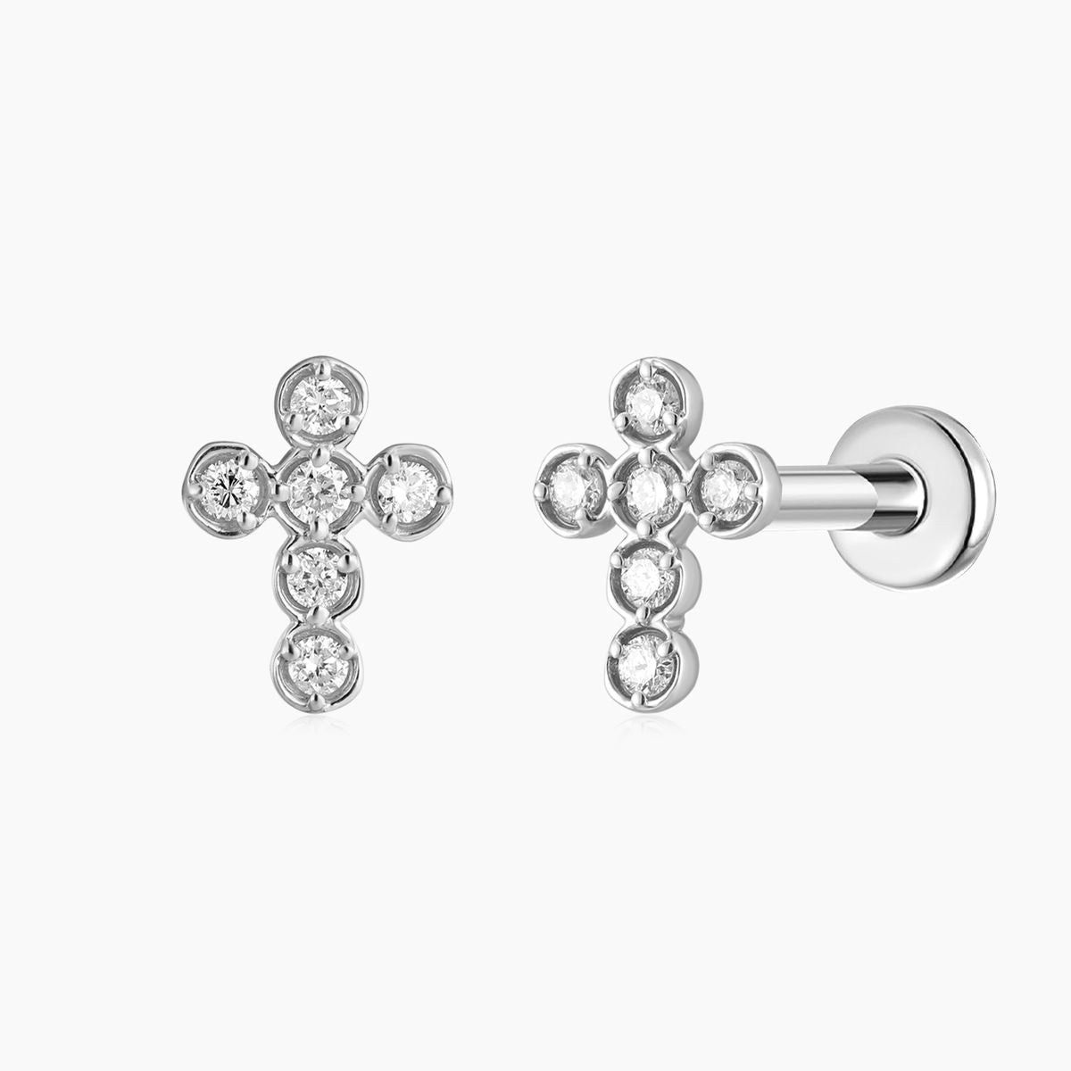 14K Solid White Gold Cross Flat Back Cartilage & Titanium Post