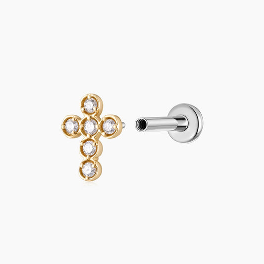 14K Solid Yellow Gold Cross Flat Back Cartilage & Titanium Post