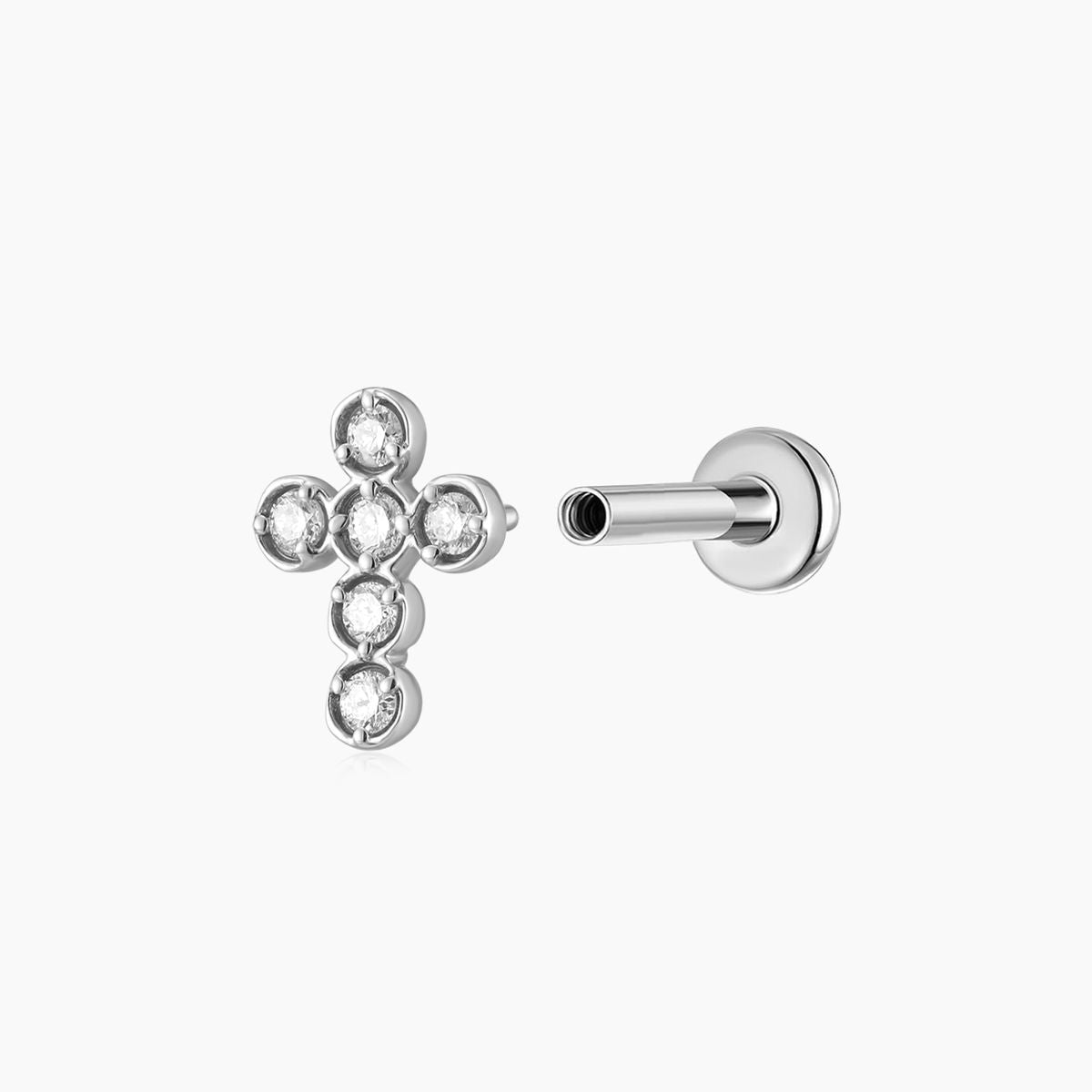 14K Solid White Gold Cross Flat Back Cartilage & Titanium Post