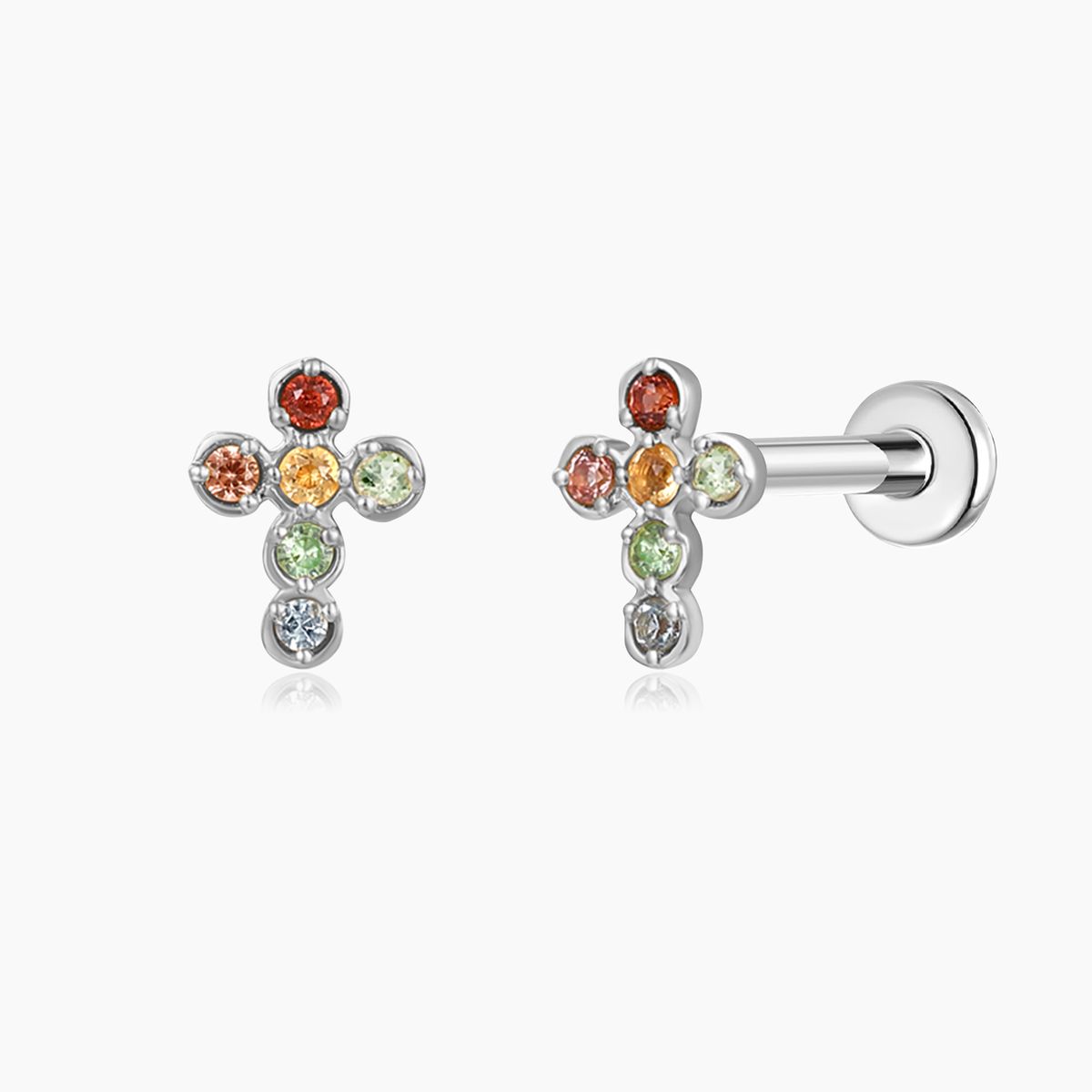 14 Karat Weißgold, mehrfarbiger Edelstein-Kreuz-Ohrstecker mit flacher Rückseite und Titanstift