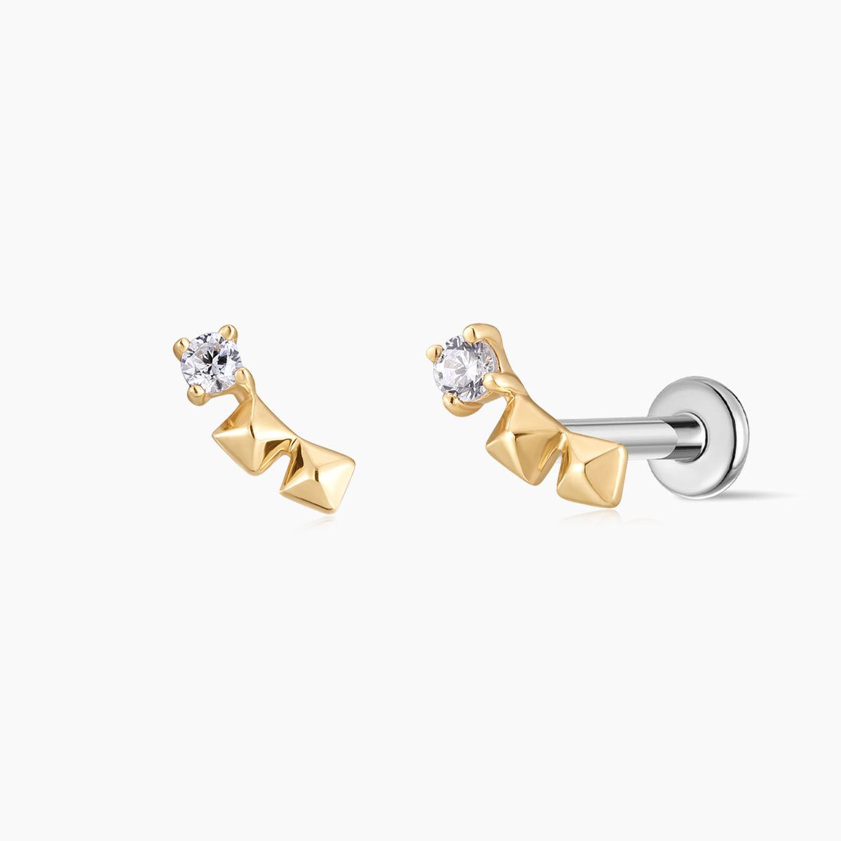 14K Solid Yellow Gold Geometric Curve Flat Back Piercing Stud