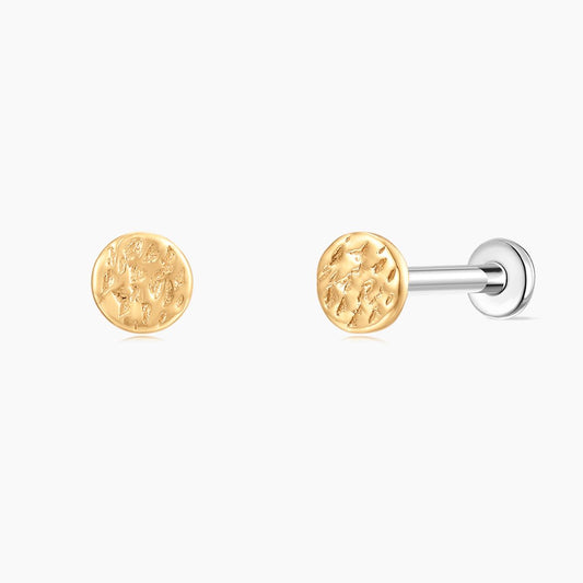 14K Solid Yellow Gold Hammered Minimal Textured Disc Stud