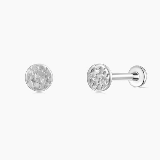 14K Solid White Gold Hammered Minimal Textured Disc Stud