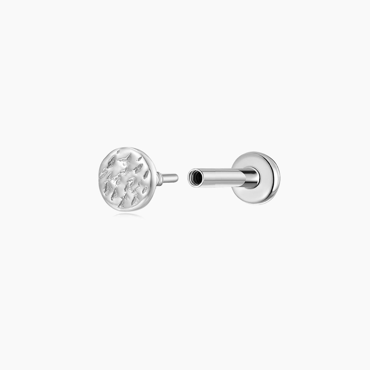 14K Solid White Gold Hammered Minimal Textured Disc Stud