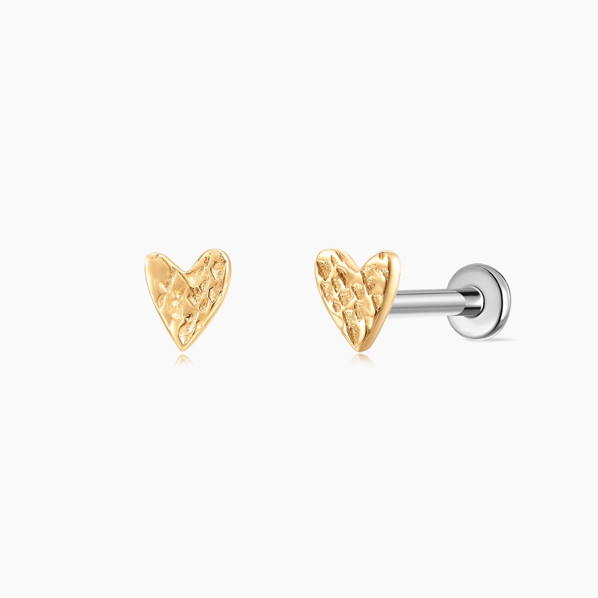 14K Solid Yellow Gold Hammered Minimalist Textured Heart Stud