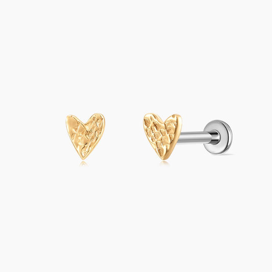 14K Solid Yellow Gold Hammered Minimalist Textured Heart Stud