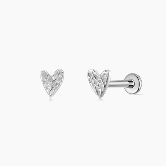 14K Solid White Gold Hammered Minimalist Textured Heart Stud