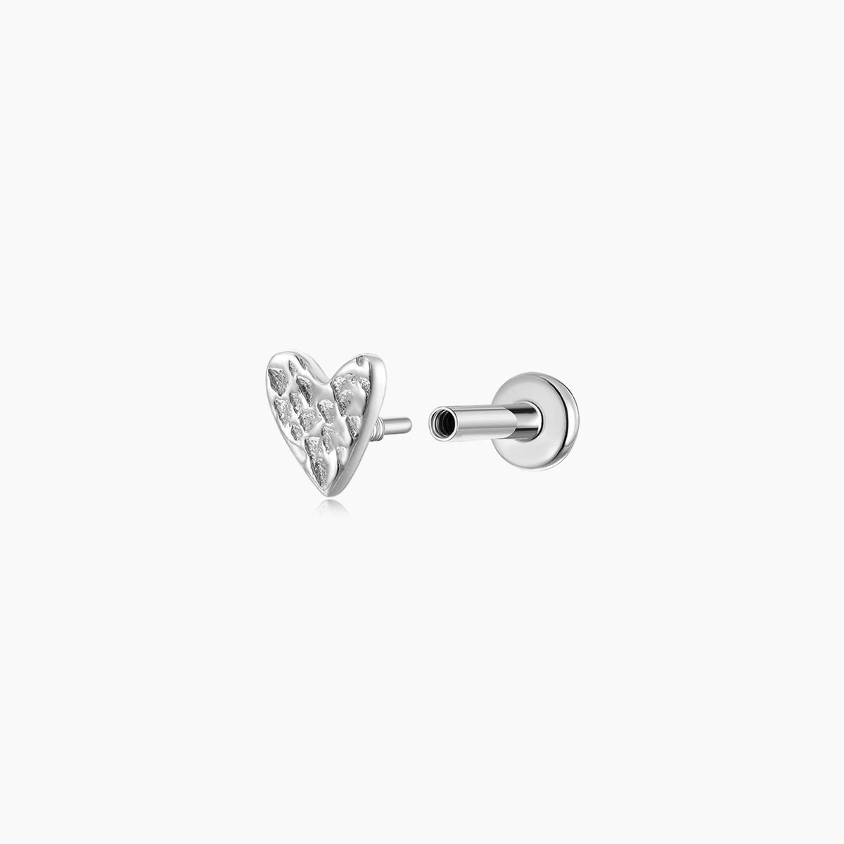 14K Solid White Gold Hammered Minimalist Textured Heart Stud