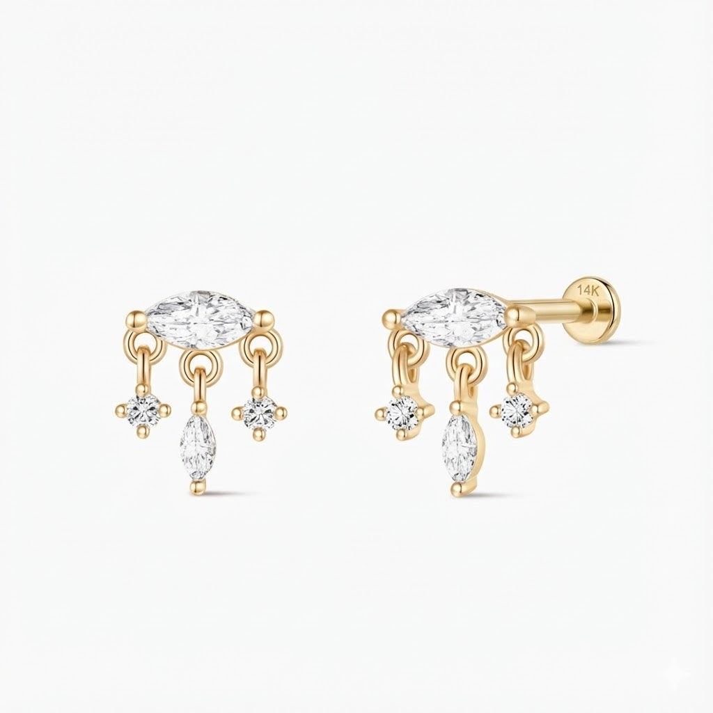 14K Yellow Gold Marquise Dangle Flatback Stud & Solid Gold Post